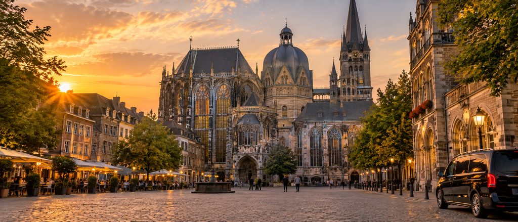 Aachen Cathedral seen across the old-town square at sunset