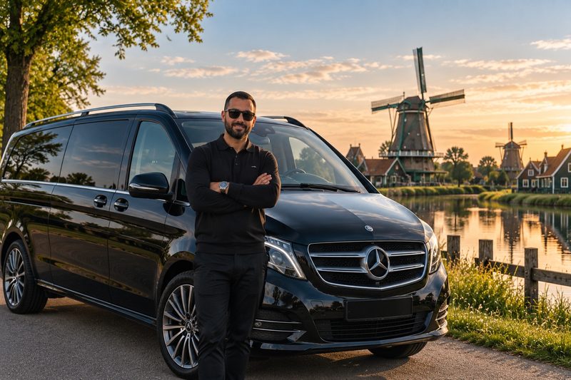 The owner and driver beside the Mercedes V-Class