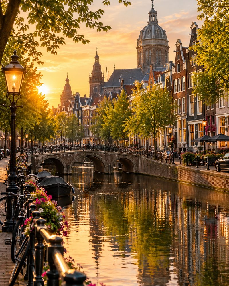 A canal bridge and gabled houses in central Amsterdam