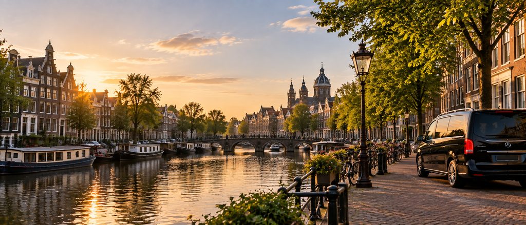 Amsterdam canal houses and a bridge at golden hour