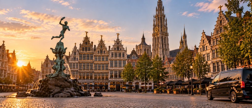 The Brabo fountain, guild houses and cathedral spire on the Grote Markt in Antwerp