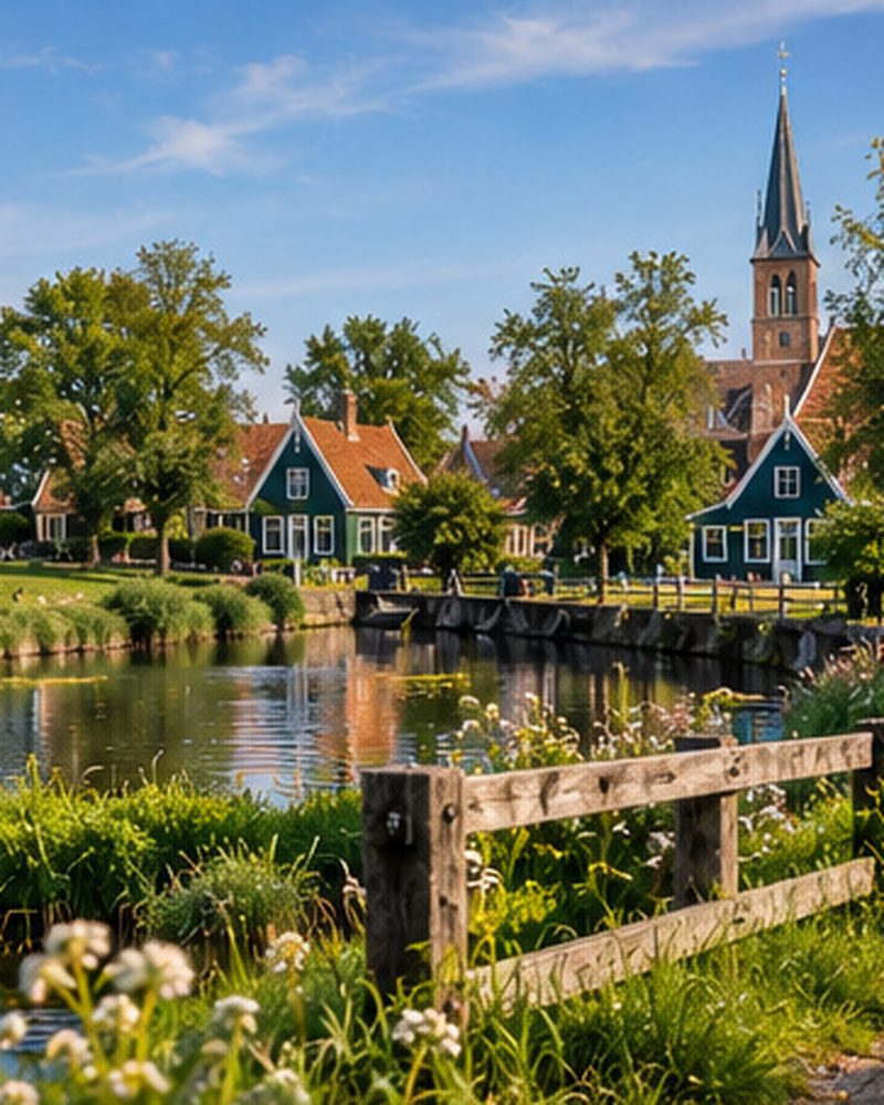 A canal lined with wooden houses in a Waterland village