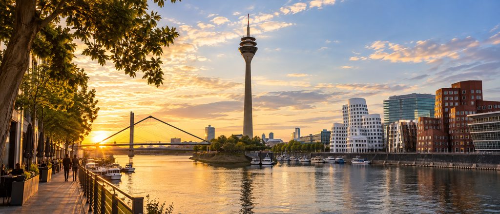 The modern architecture of MedienHafen in Düsseldorf beside the water
