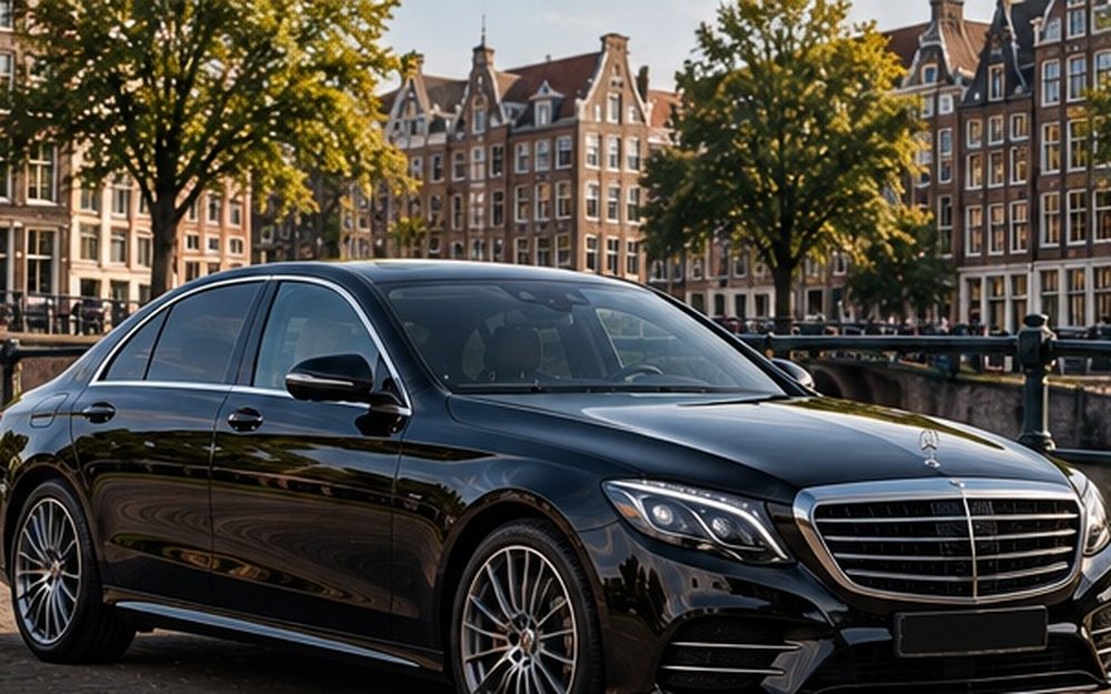 Black Mercedes E-Klasse, side three-quarter view