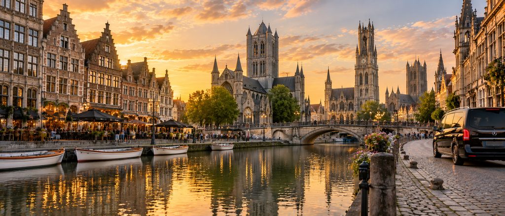 The Graslei waterfront and the medieval towers of Ghent at sunset