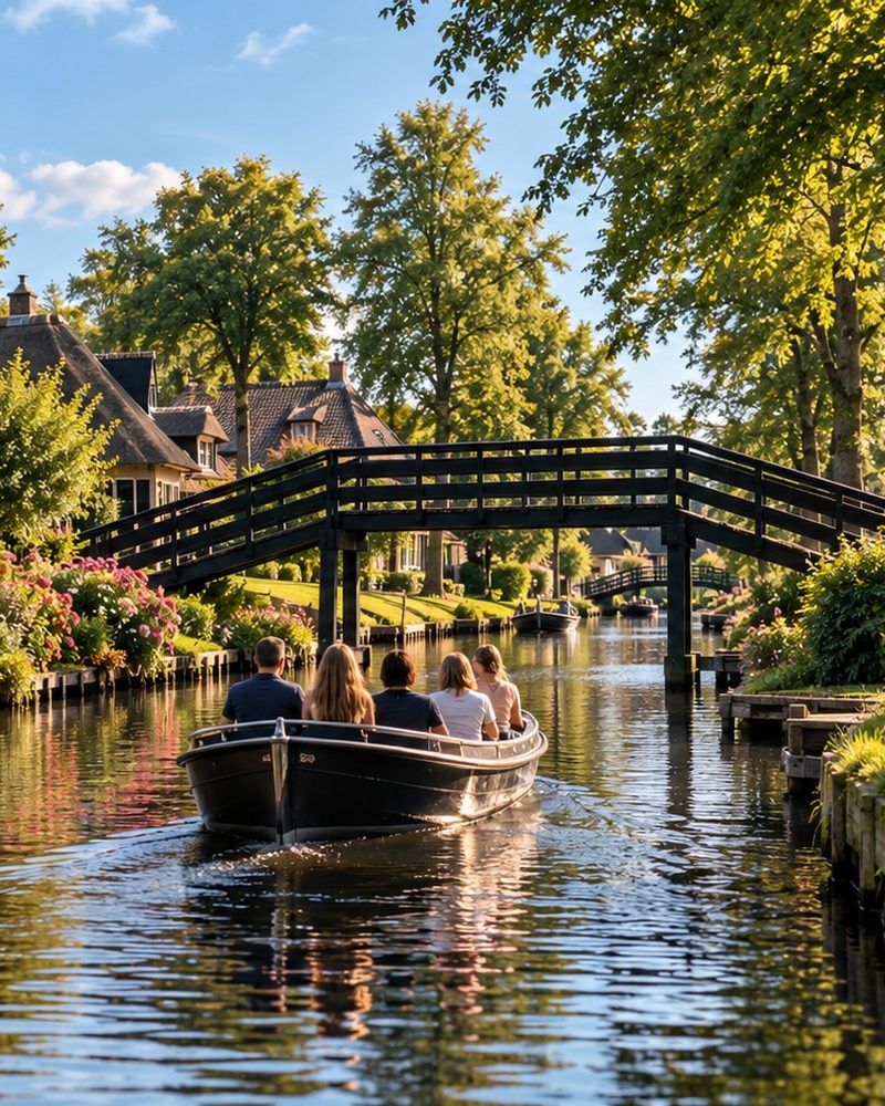 A wooden footbridge over a canal between thatched cottages in Giethoorn
