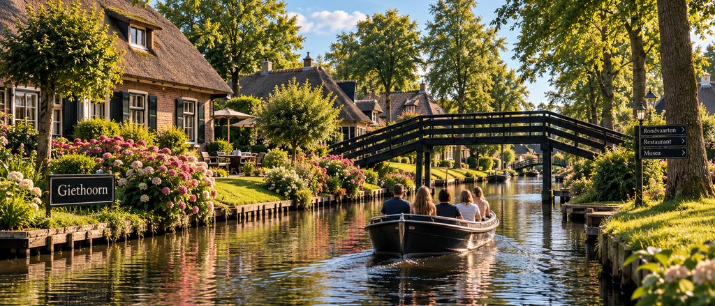 A whisper boat passing under a wooden footbridge between thatched cottages in Giethoorn