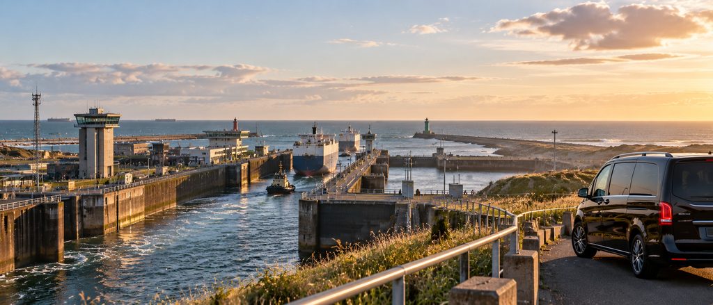 The IJmuiden sea locks and harbour with the piers and North Sea beyond