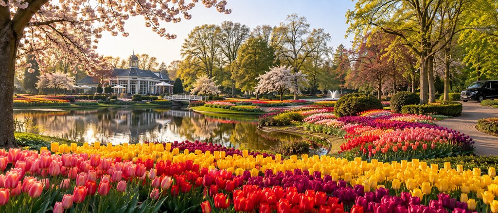 Rows of red and yellow tulips in a field with a farmhouse behind