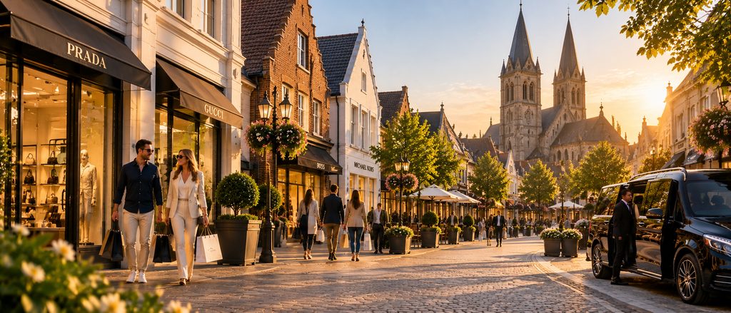 The pedestrian streets of Designer Outlet Roermond on a clear day