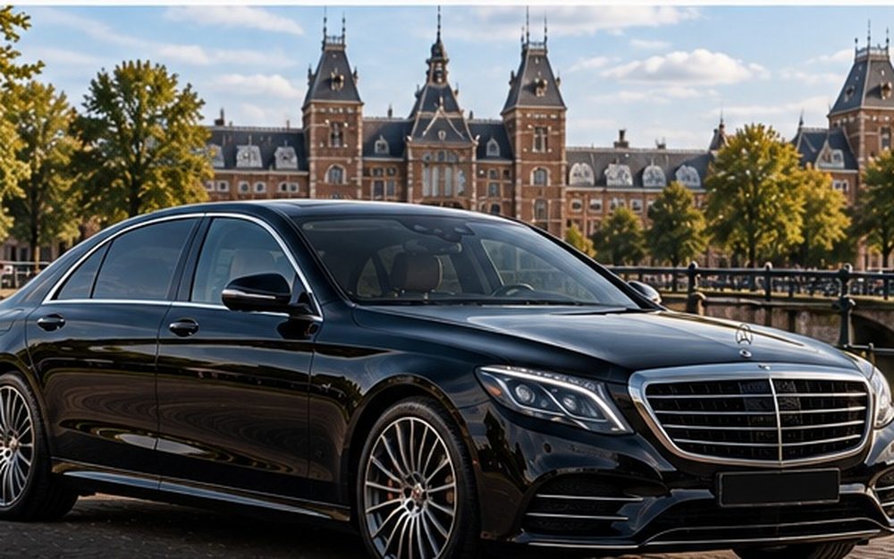 Black Mercedes S-Klasse, side three-quarter view