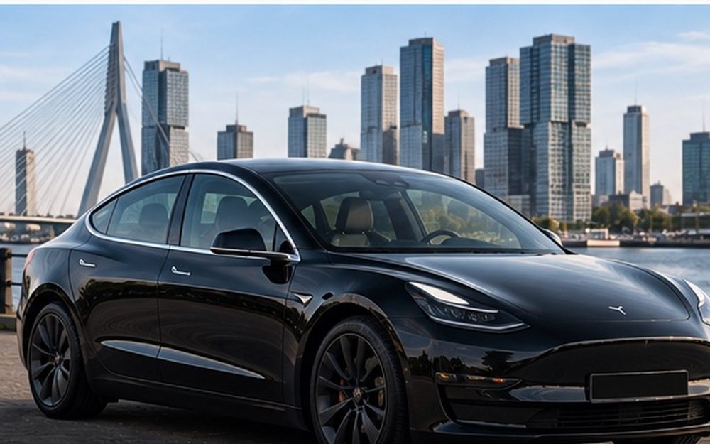 Black Tesla Model 3, side three-quarter view