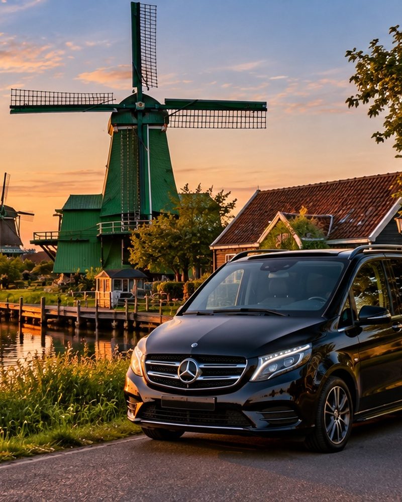 Historic green timber houses and working windmills at Zaanse Schans