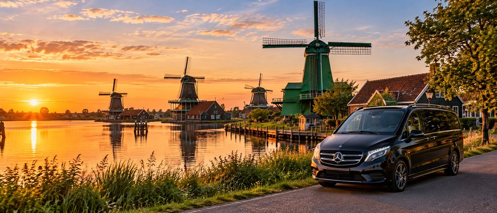 Working windmills along the river Zaan in early morning light